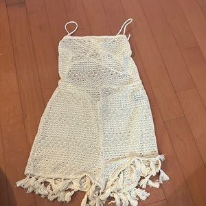 Lace up fringe swimsuit cover-up romper